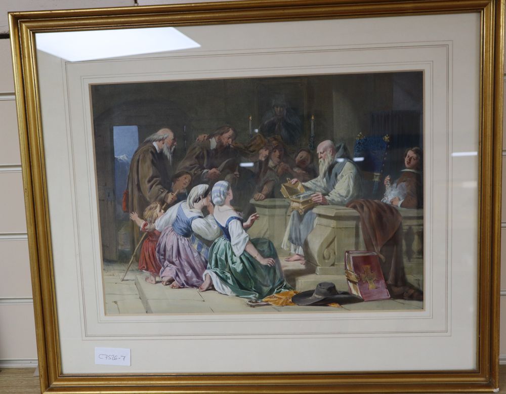 S.C (19th C.), watercolour and gouache, Religious scene, monogrammed, 32 x 44cm